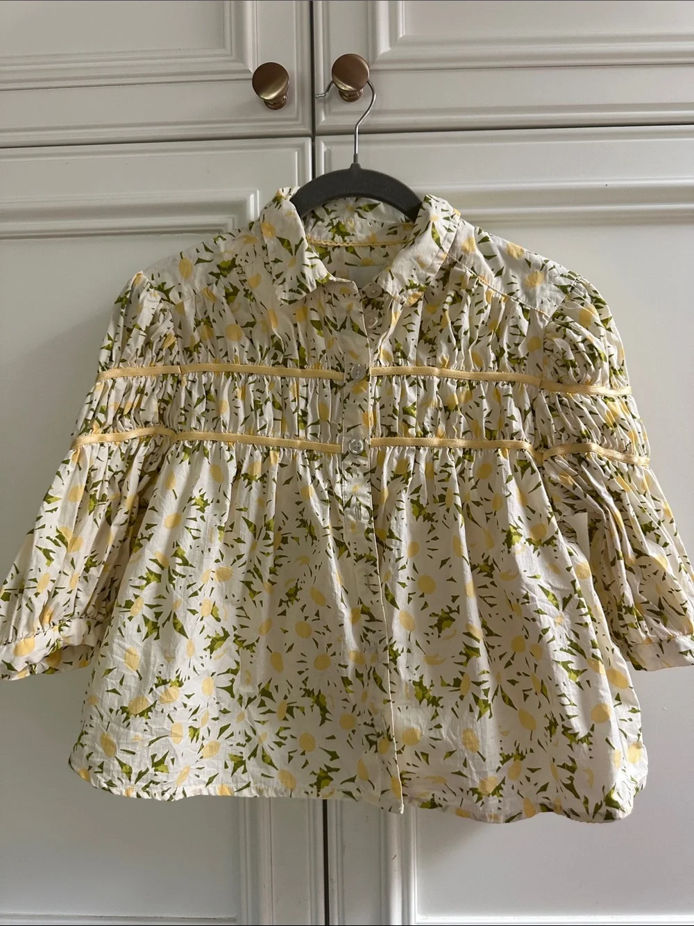 Anthropologie Yellow & Green Floral Smocked Peasant Top